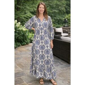 Dokotoo Medium Damask Beige Blue Maxi Dress Tiered NWT Balloon Peasant Boho